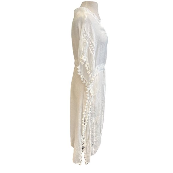 White Tassel Trim Beach Cover-Up Dress With V-Neck & Waist Tie - Picture 6 of 7